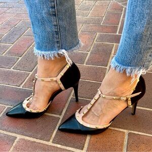 Halogen Black Leather Martine Studded T-Strap Mary Jane Pump High Heels Size 10